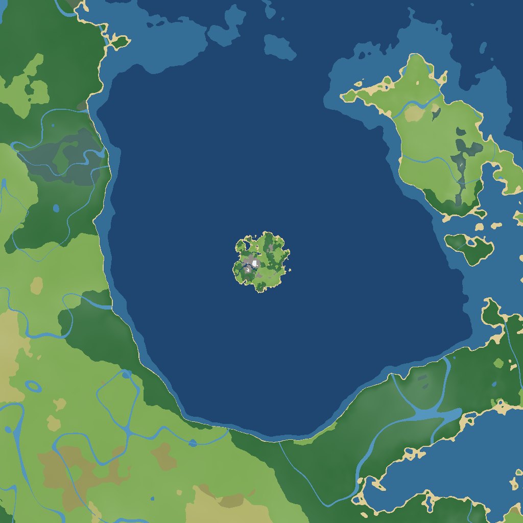 Karte des Meeres um die Insel: die Insel klein in der Mitte, ringsum Küsten mit Wäldern und Flüssen, offenes Wasser im Norden