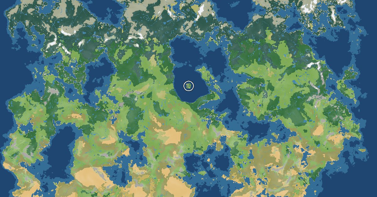 Map of the world of The Sentient World: snow and dark forests in the north, grasslands in the middle, deserts in the south, and a small ringed island alone in a sea at the centre