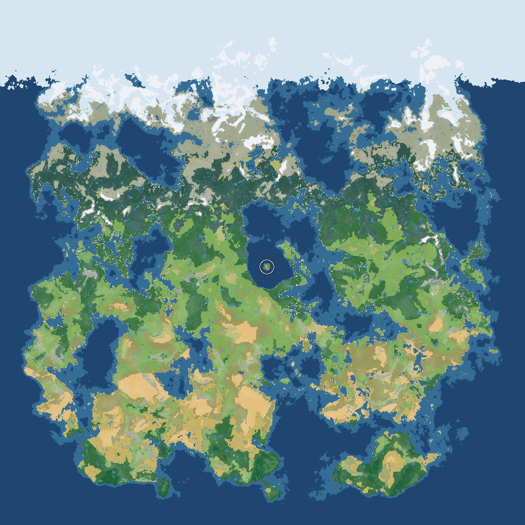 Karte der ganzen Welt: Meereis und Tundra im Norden, Wälder und Grasland in der Mitte, Wüsten, Savannen und Regenwald im Süden, in der Mitte die eingekreiste Insel