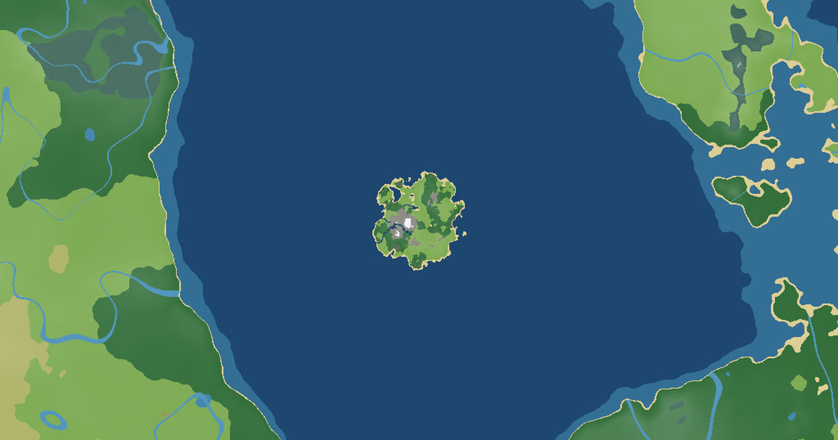 Map of the sea around the island: the island small and alone in the middle of wide dark water, green coasts far away on every side