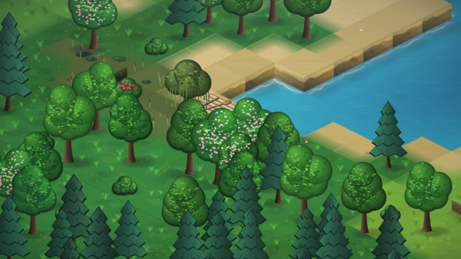 The west shore of the island: a small raft of pale logs beached by a tree at the water's edge, forest behind it and open water beyond