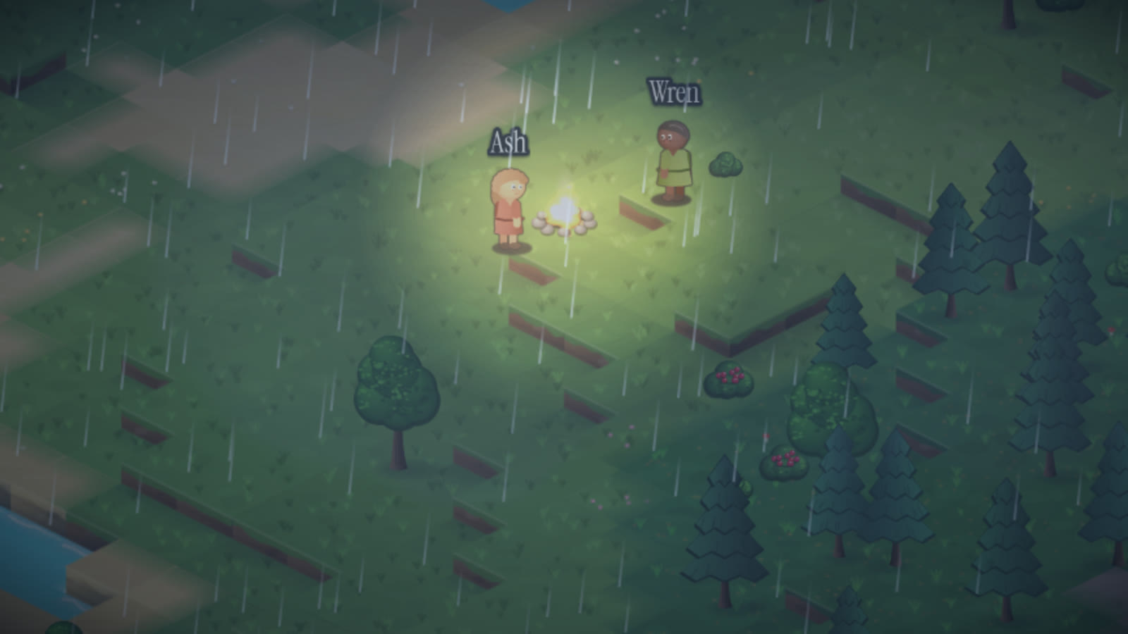 Night and rain: inhabitants stand on either side of the first fire they ever lit.