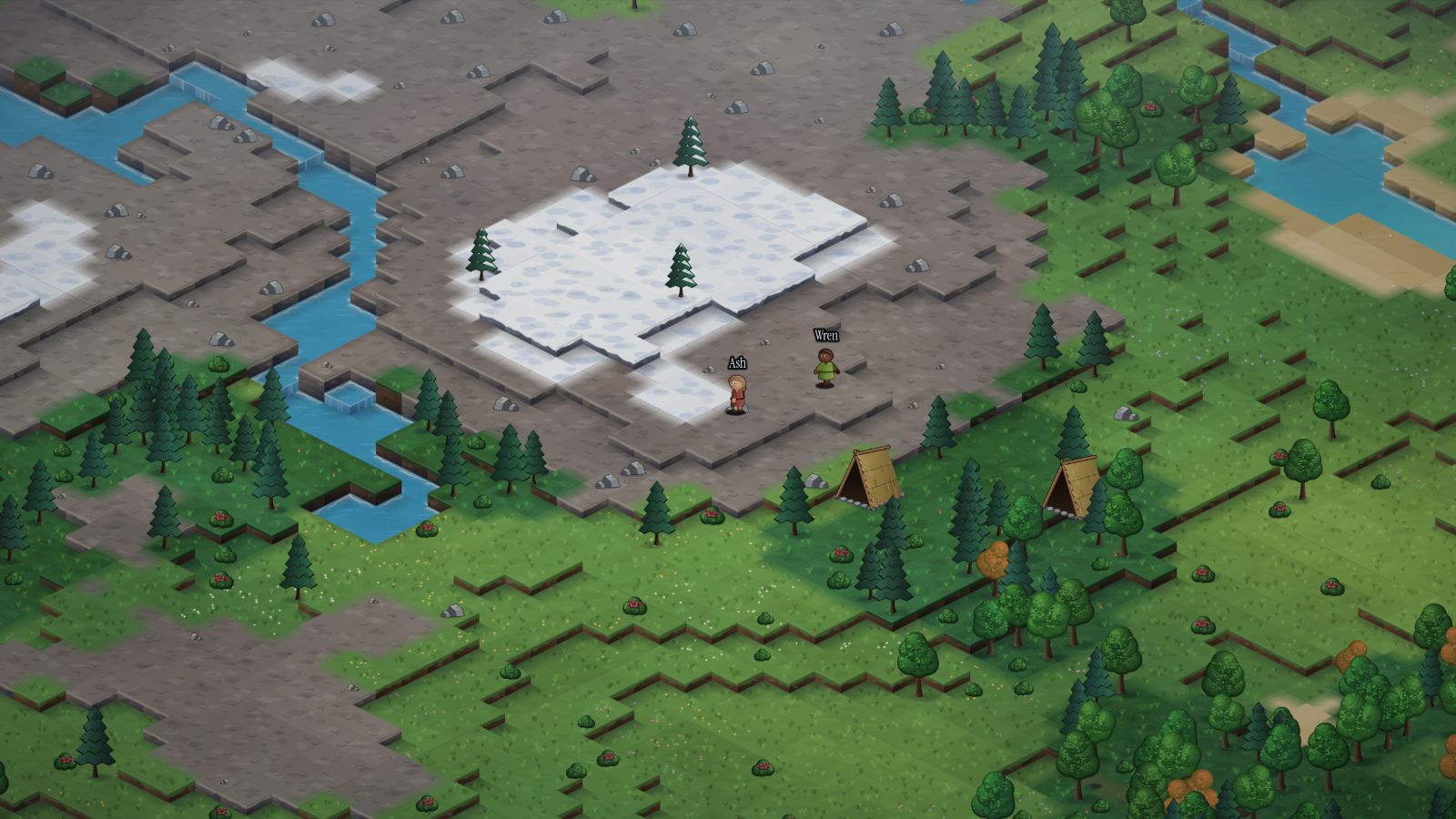 The world seen from above: snow-capped rock, a river, forest and open grassland, with inhabitants going about their day.