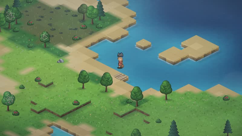 Ash, a small figure, standing at the edge of blue water beside a sandy shore, a raft of logs on the sand, trees and a marsh behind