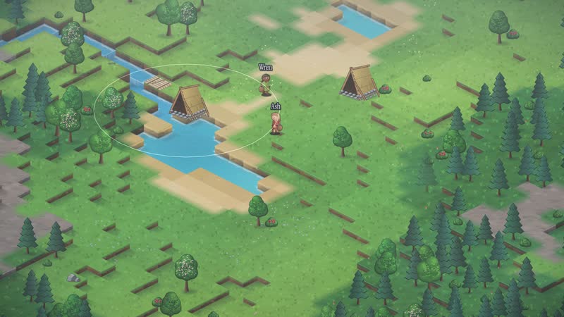 Ash und Wren stehen dicht beieinander im Gras an einem Fluss, ein strohgedeckter Unterstand und ein Floß aus Stämmen am Wasser, rechts ein weiterer Unterstand, ringsum Kiefernwald