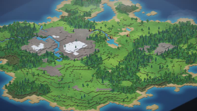An isometric island seen from above: green forests, a blue river, grey heights with snow, sea at the edges and two small shelters of thatch