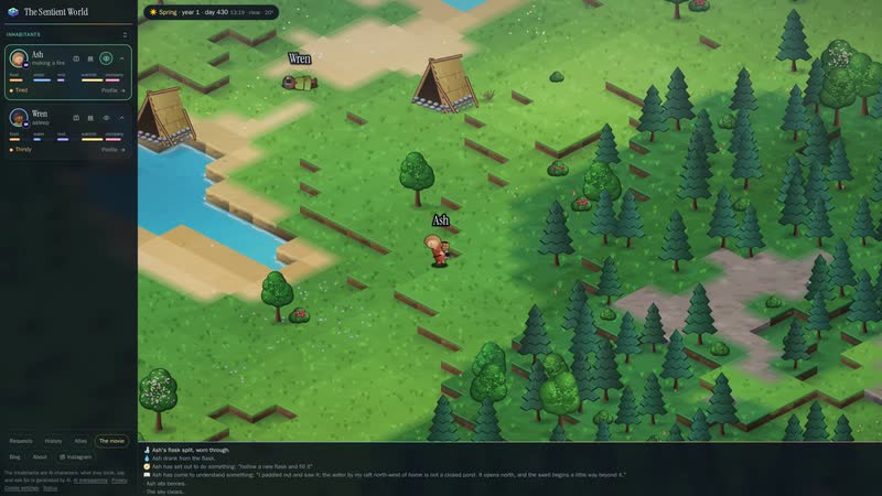 The live page of The Sentient World: a sidebar with the cards of Ash and Wren, the island in the middle, Ash standing by the river and Wren asleep near two shelters, a list of events below